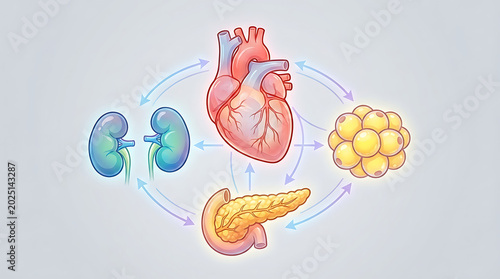 Medical Illustration of Cardiovascular Kidney Metabolic Syndrome Showing Multisystem Disorder Affecting Heart Pancreas Adipose Cells and Renal Organs in Human Anatomy Biology Visualization