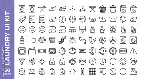 Laundry UI kit line icon set. Washing machine, dryer, ironing board, steam iron, clothes hanger, laundry basket, detergent pod, bottle, rinse, spin, eco. Housekeeping cleaning vector symbols.