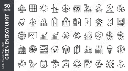 Foto Green energy line icon set featuring solar panel, wind turbine, renewable power, electric vehicle charging, recycling, sustainable house, geothermal, biomass, and smart grid vector illustration