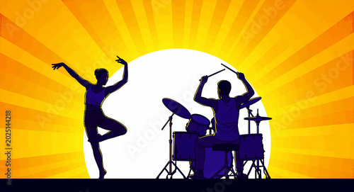 Silhouette of a female dancer and male drummer performing on stage. Vibrant orange sunburst background with retro rays framing the artistic performers. Music and dance performance concept.