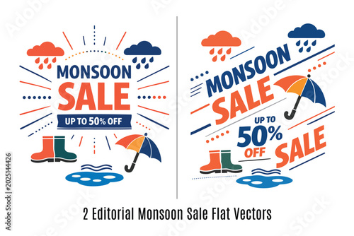 2 Editorial Monsoon Sale Flat Vector Typographic Layout Modern Micro stock