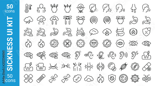 Sickness and medical symptoms line icon set. Fever, headache, cough, sore throat, stomach ache, nausea, dizziness, earache, toothache, muscle pain, virus, bacteria, fracture. Medical UI kit symbols.