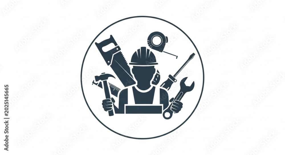 Fototapeta premium Construction worker with tools and equipment icon.