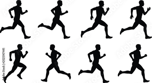 Tableau sur toile Running man silhouette collection showing sprinting and jogging motion sequence, athletic male figure isolated on white background, dynamic fitness sport action concept set