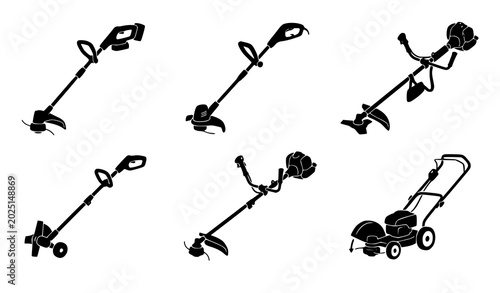 Garden Tool Icons Set – Lawn Mower, Trimmer and Yard Equipment Silhouette Collection