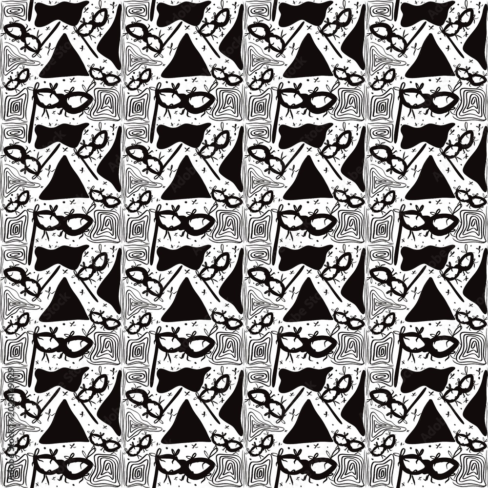 Fototapeta premium Minimalist masquerade mask doodle seamless pattern, aesthetic black and white line art with hand-drawn mystery motifs and abstract swirls for modern textiles.