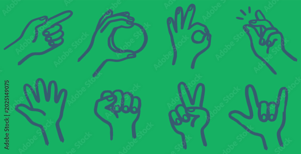 Fototapeta premium Collection of hand gestures in line art on a green background.