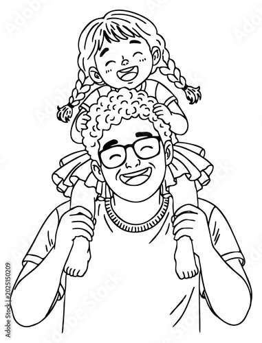 Cute Fathers Day Outline Illustration of Father Carrying Daughter on Shoulders