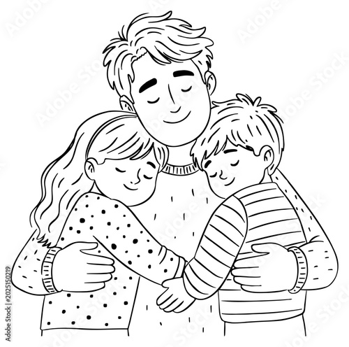 Cute Fathers Day Outline Illustration of Father Hugging Son and Daughter