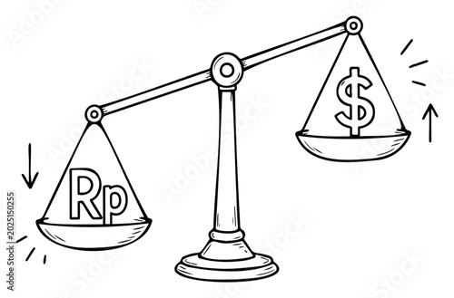 Rupiah and Dollar Balance Scale Outline Illustration