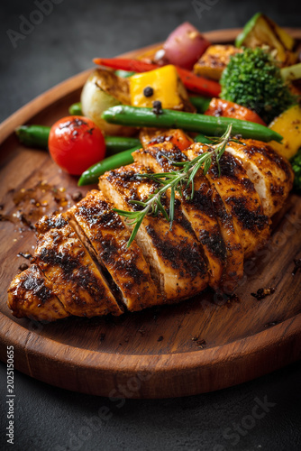 Grilled chicken breast served with roasted potatoes and cherry tomatoes
