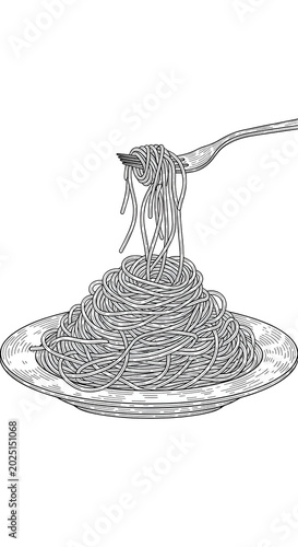 Isolated Illustration of Spaghetti Falling Onto Plate with Fork