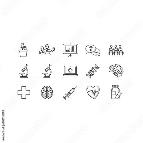 Science and medical research line icon collection with research, laboratory