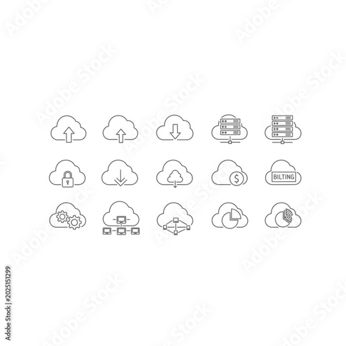 Set of cloud computing and data storage outline icons with computing, technology