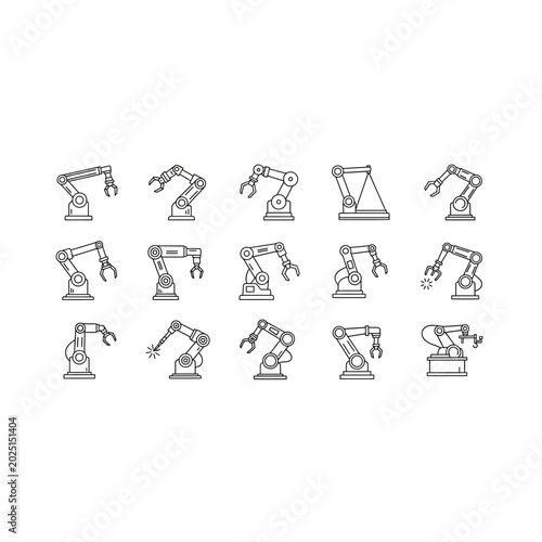 Industrial robotic arm manufacturing technology line icons with industrial