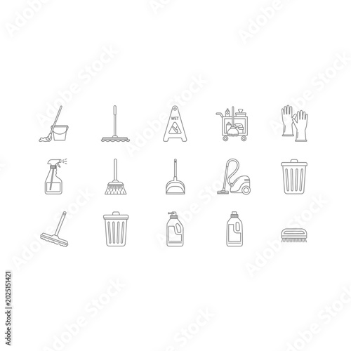 Set of professional cleaning service equipment icons with cleaning, supplies