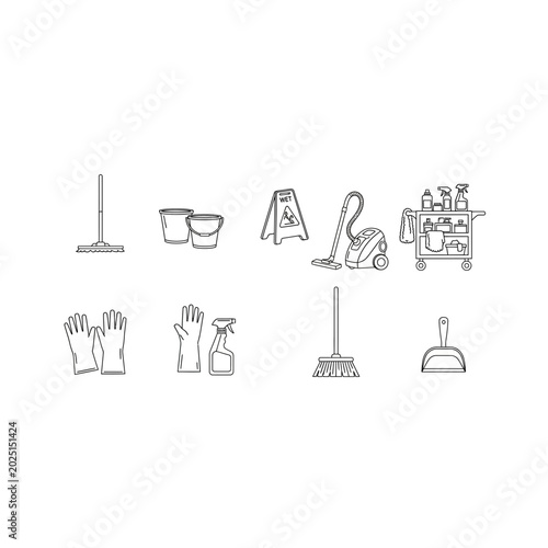Line art icons for house cleaning and maintenance with cleaning, supplies
