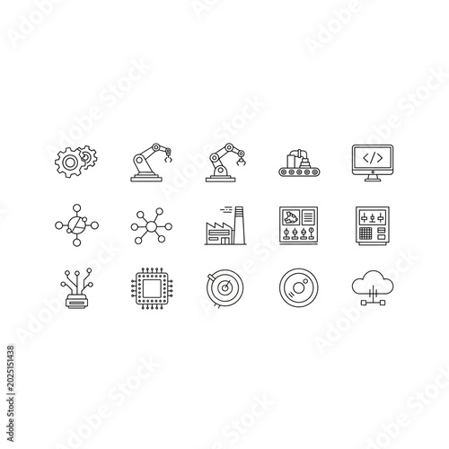 Industrial automation and robotics line icon collection with automation