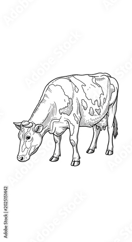Isolated Line Art Cow Grazing On Transparent Background Detailed Illustration