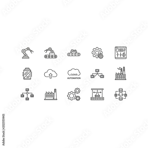 Industrial automation and factory process icons with automation, industrial