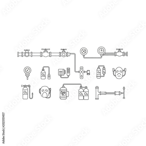Industrial piping and gas system equipment icons with industrial, plumbing