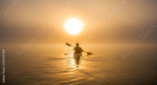 Person kayaking on a calm lake at sunrise under a misty golden sky. A lone paddler moves through dense morning fog towards a bright sun. Peace and outdoor adventure concept for travel marketing.