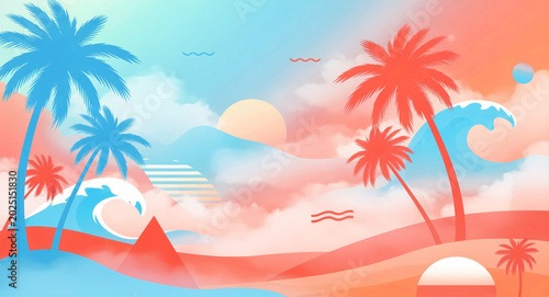 Tropical abstract landscape with palm trees and waves in vaporwave style. Retro digital illustration with pastel pink and teal colors. Ideal for music art, travel posters, and summer backgrounds.