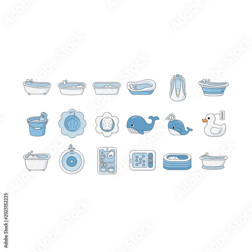 Canvastavla Set of various blue bathtub icons and bathroom accessories for interior design