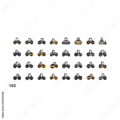 Set of road construction heavy machinery and steam roller equipment icons