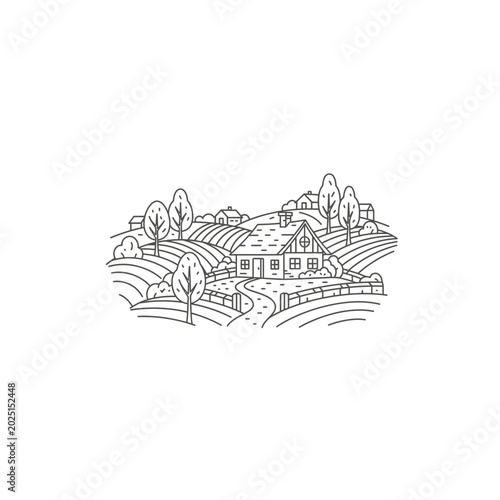 Line art illustration of a countryside farmhouse with fields and trees, peaceful