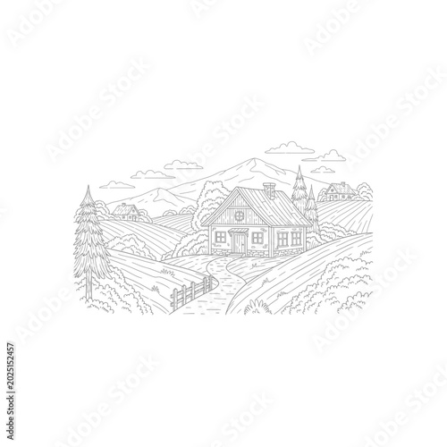 Detailed line sketch of a farmhouse surrounded by mountainous landscape