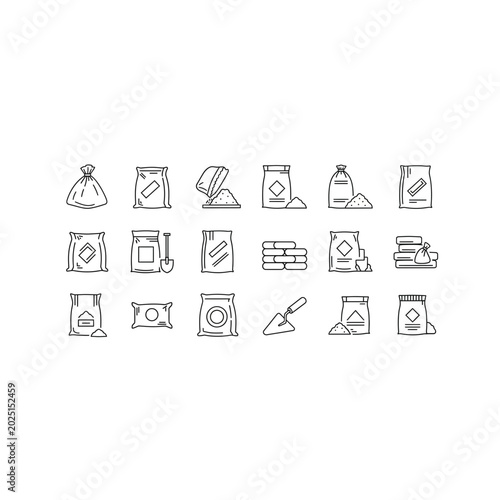 Construction material and cement bag storage line art icon set with construction