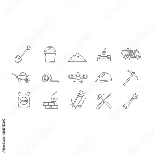 Collection of construction site equipment and hand tools line icons