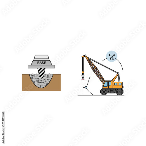 Industrial icons showing soil compaction and crane load lifting operation