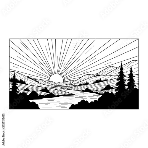 Black and white landscape illustration featuring mountains forest and rising sun