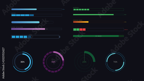 Futuristic Loading Progress Bar and Circular HUD UI Elements Set