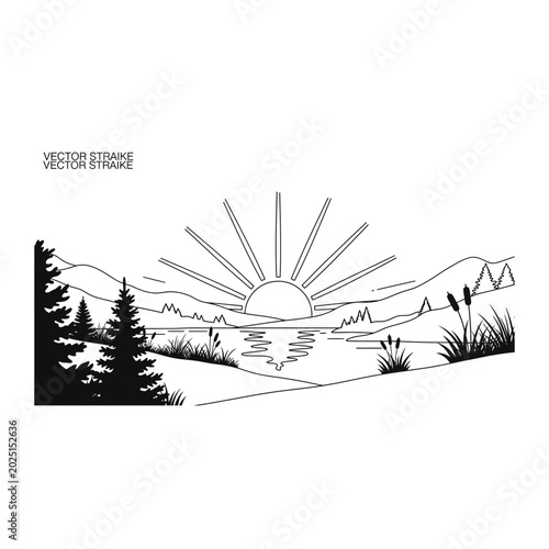 Minimalist landscape drawing with pine trees and sun rising over mountains