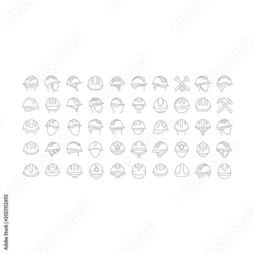 Collection of outline construction hard hat safety icons with construction