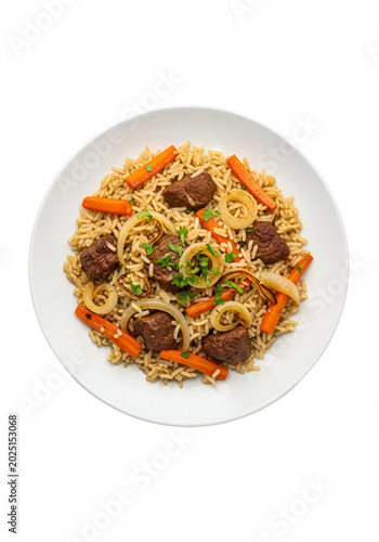 Isolated Pilaf Rice With Beef Meatballs Carrots and Onions On White Plate