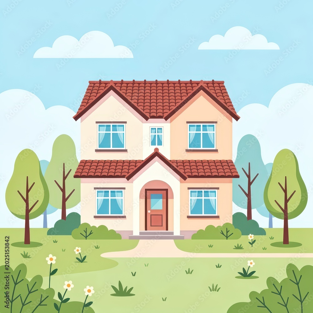 Naklejka premium Cozy Two-Story House with Red Roof and Garden Path
