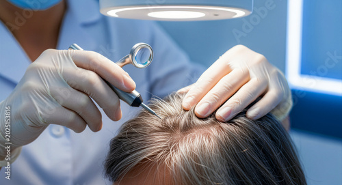 Dermatologist examining patient's scalp and hair with a magnifying tool. Medical hair analysis for follicle health and diagnosis. Trichology concept for hair loss treatment marketing.