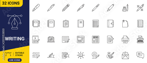 Obraz na plátně Writing set icon collection of clean outline symbols representing fountain pens, paper sheets, text documents, and digital keyboards