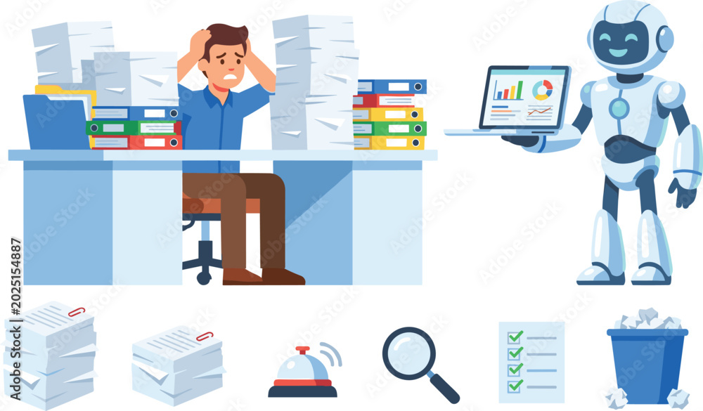 Fototapeta premium Stressed Businessman Overwhelmed with Paperwork While AI Robot Assistant Offers Smart Automated Office Solution and Digital Help