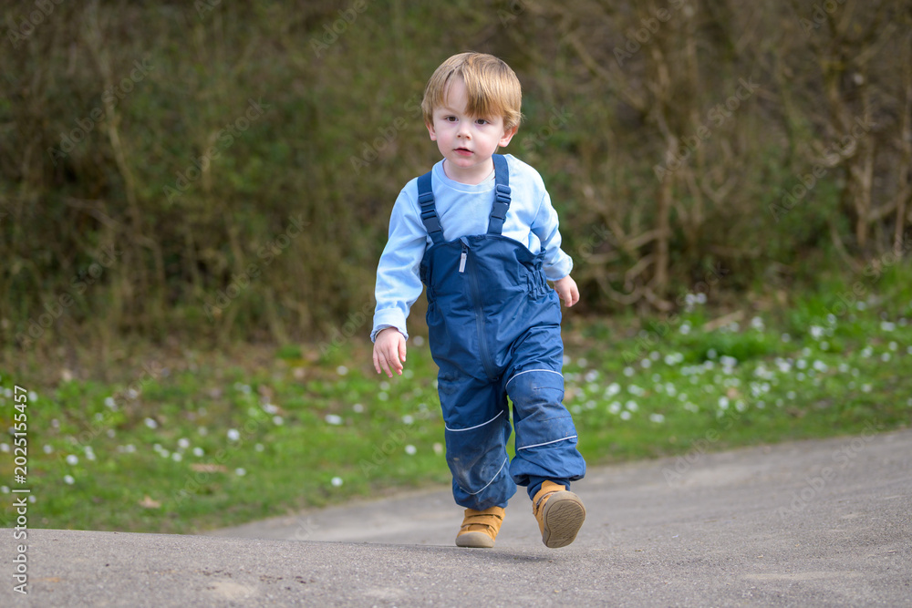 Fototapeta premium Toddler walking outdoors during spring
