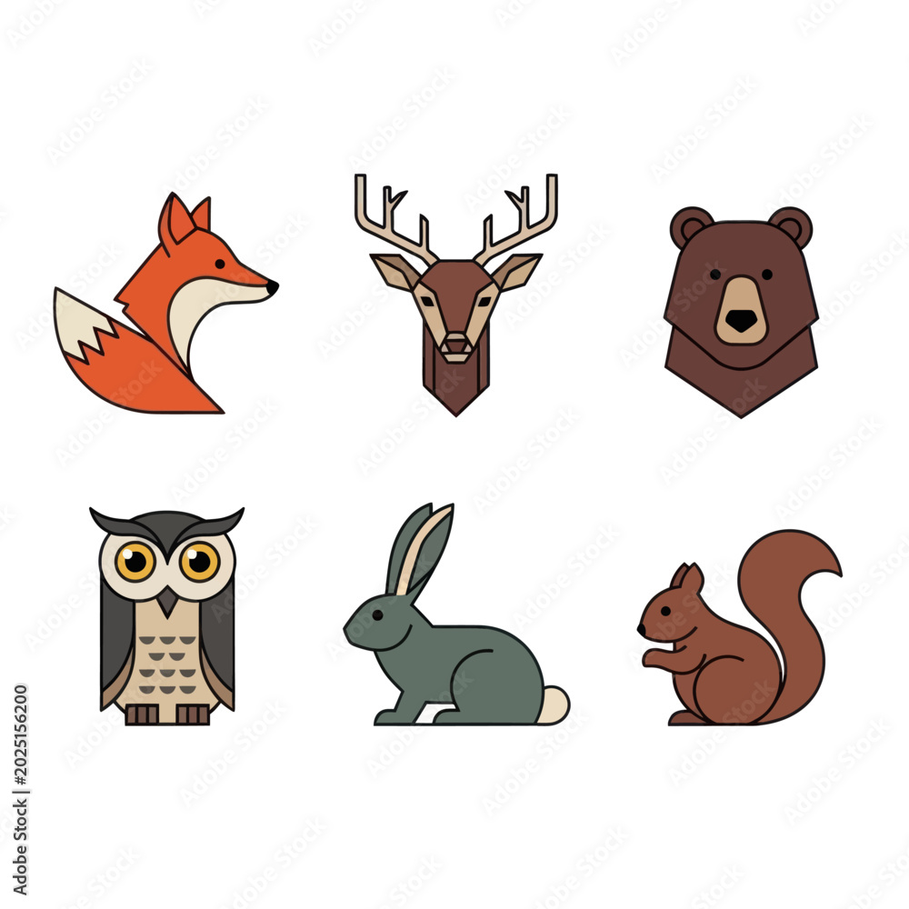 Fototapeta premium Set of six stylized forest animal icons.