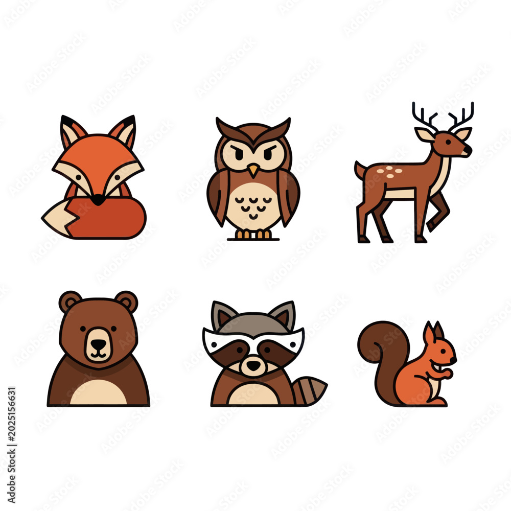 Naklejka premium Collection of Six Adorable Forest Animal Icons.
