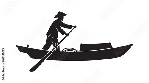 Quadro su tela Traditional gondola boat with gondolier black silhouette