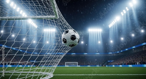 Soccer ball flying into goal net on a rainy night