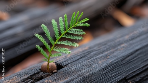 New green seedling growing from a charred burnt log symbolizing rebirth and resilience after a forest fire