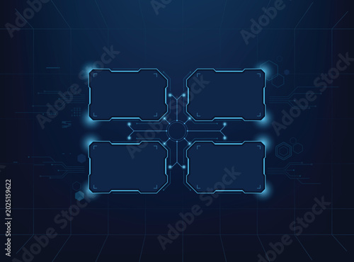 Futuristic blue HUD background four glowing digital frames arranged around a central circular interface